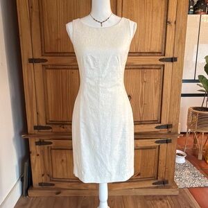 Ann Taylor Sleeveless Cream Textured Midi Sheath Dress
